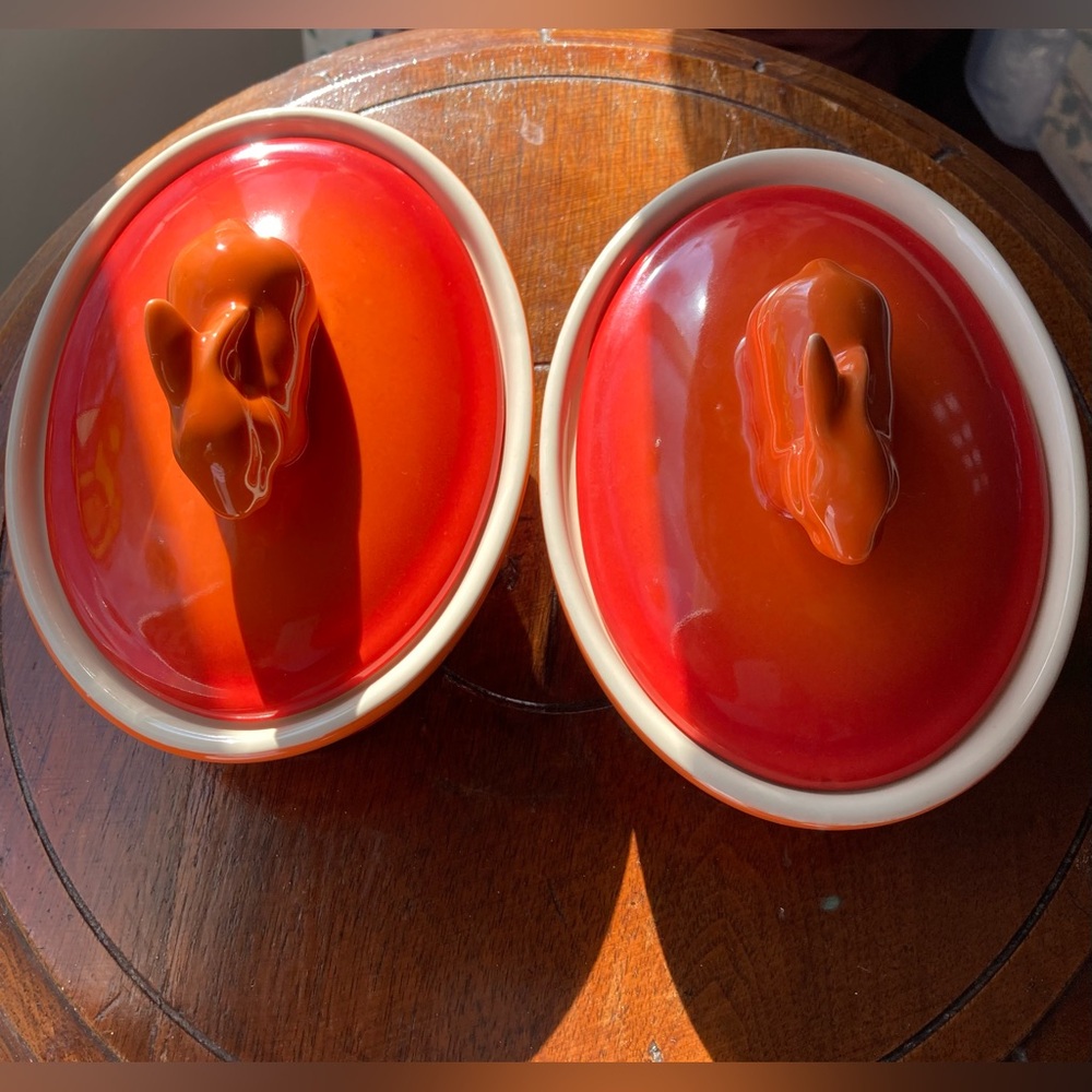 Set 2 - Orange Ombré Covered Ramekins with Rabbit Finials